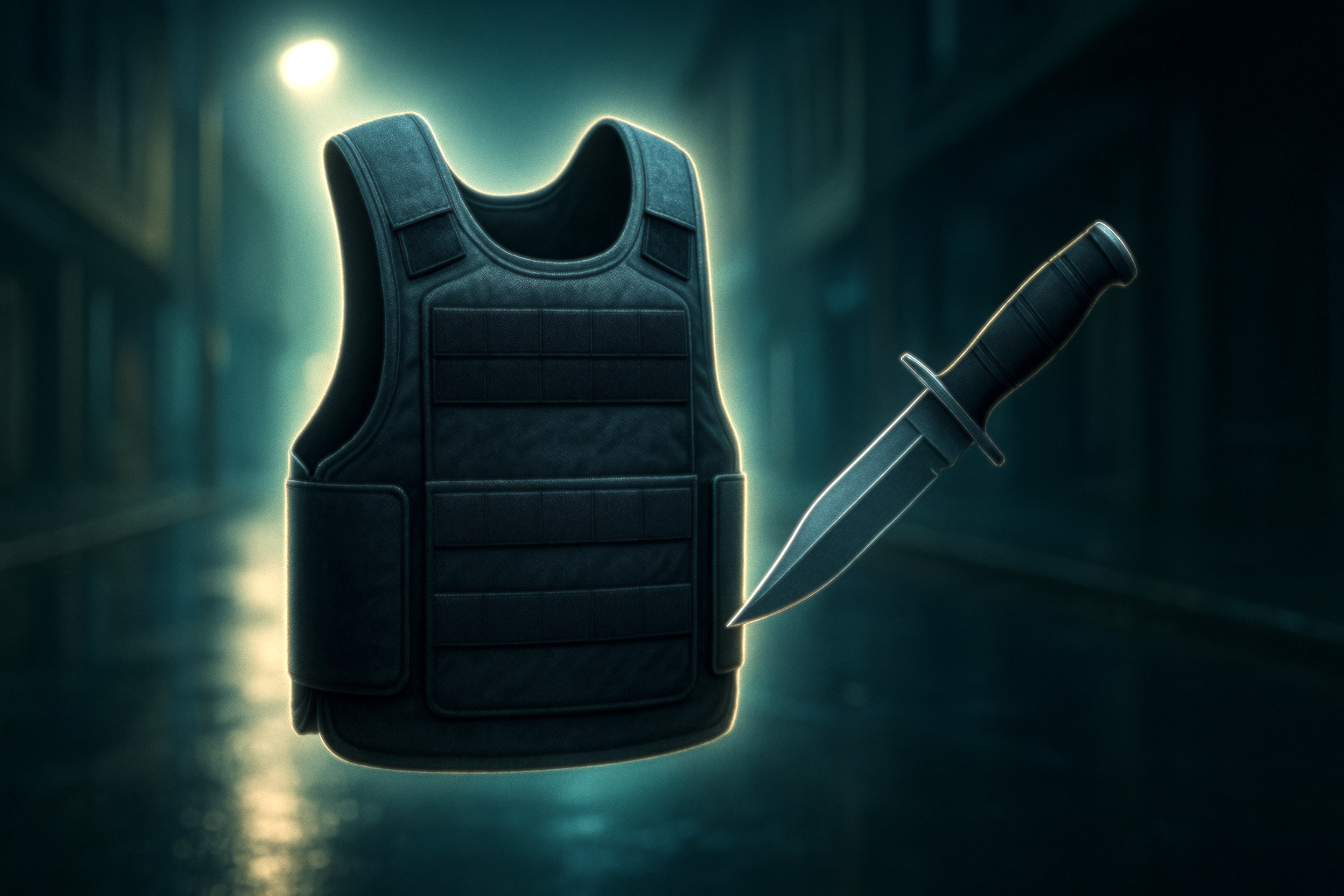 stichschutzweste kaufen mit Messer vor dunklem Hintergrund