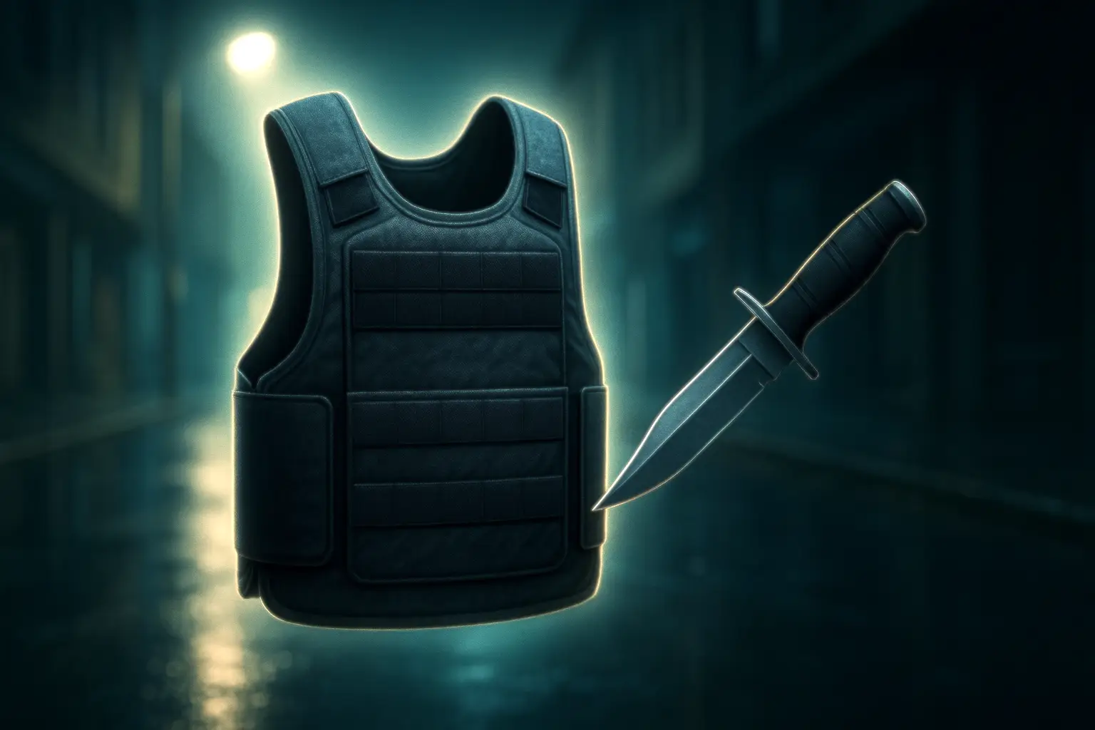 stichschutzweste kaufen mit Messer vor dunklem Hintergrund