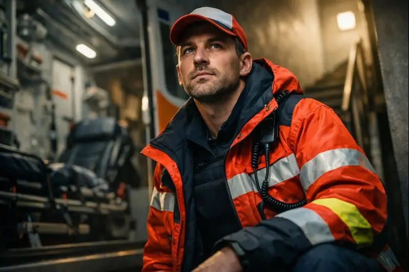 Rettungsdienst trägt eine stichschutzweste