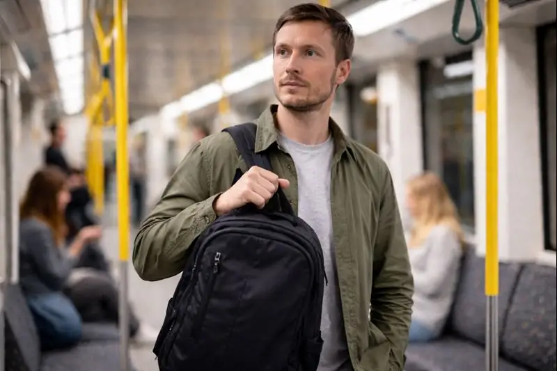 mann in der bahn mit rucksack - nutzbar zu Messer Abwehr