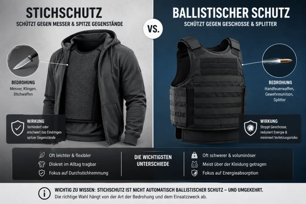 stich und schusssichere Kleidung -Vergleichsgrafik zwischen Stichschutz und ballistischem Schutz: Links diskrete stichfeste Kleidung gegen Messer und spitze Gegenstände, rechts ballistische Schutzweste gegen Geschosse und Splitter. Die Grafik erklärt Unterschiede, Schutzwirkung und typische Einsatzbereiche von stich- und schusssicherer Kleidung.