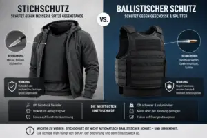 Blog Stichschutz 1 stich und schusssichere Kleidung -Vergleichsgrafik zwischen Stichschutz und ballistischem Schutz: Links diskrete stichfeste Kleidung gegen Messer und spitze Gegenstände, rechts ballistische Schutzweste gegen Geschosse und Splitter. Die Grafik erklärt Unterschiede, Schutzwirkung und typische Einsatzbereiche von stich- und schusssicherer Kleidung.